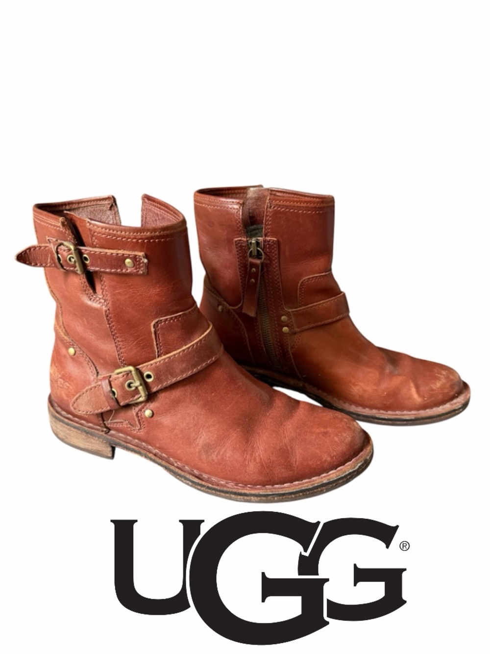 UGG Women’s Fabrizia Short Moto Boots Brown Leather Buckle Accent Boots 8